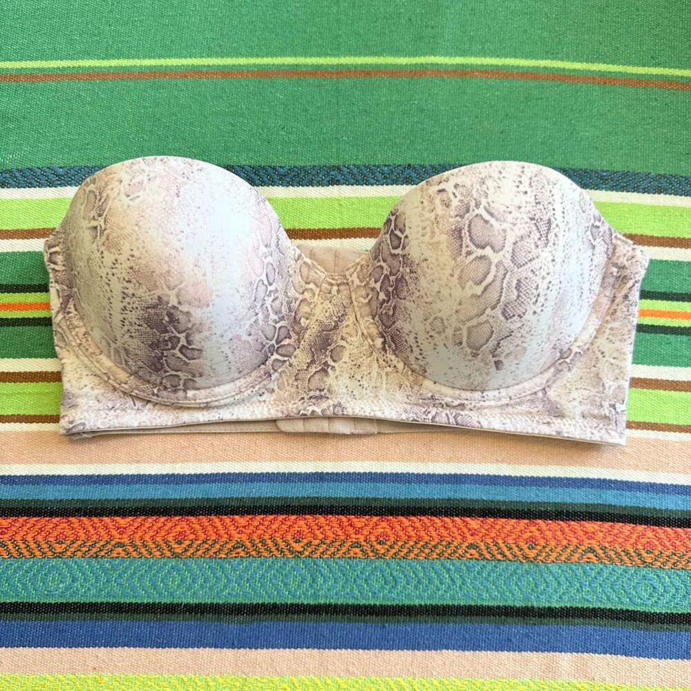 Undies Snakeskin Print Strapless Balconette Bra in Pastel Pink & Cream size 34C